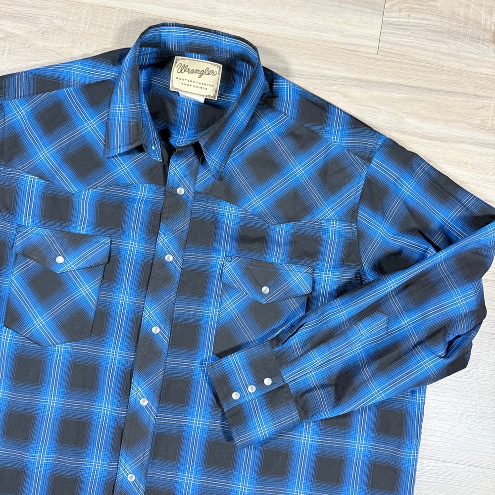 Wrangler Western Pearl Snap Cowboy Shirt Blue Black Plaid‎ Mens SIze 2XL